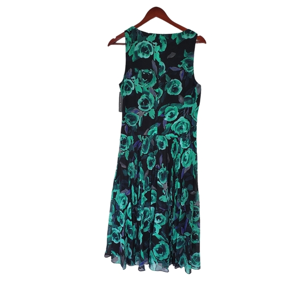 Donna Morgan Scoop Neck Sleeveless Pleated Green Black Floral Dress Boho sz 6 - Picture 4 of 9